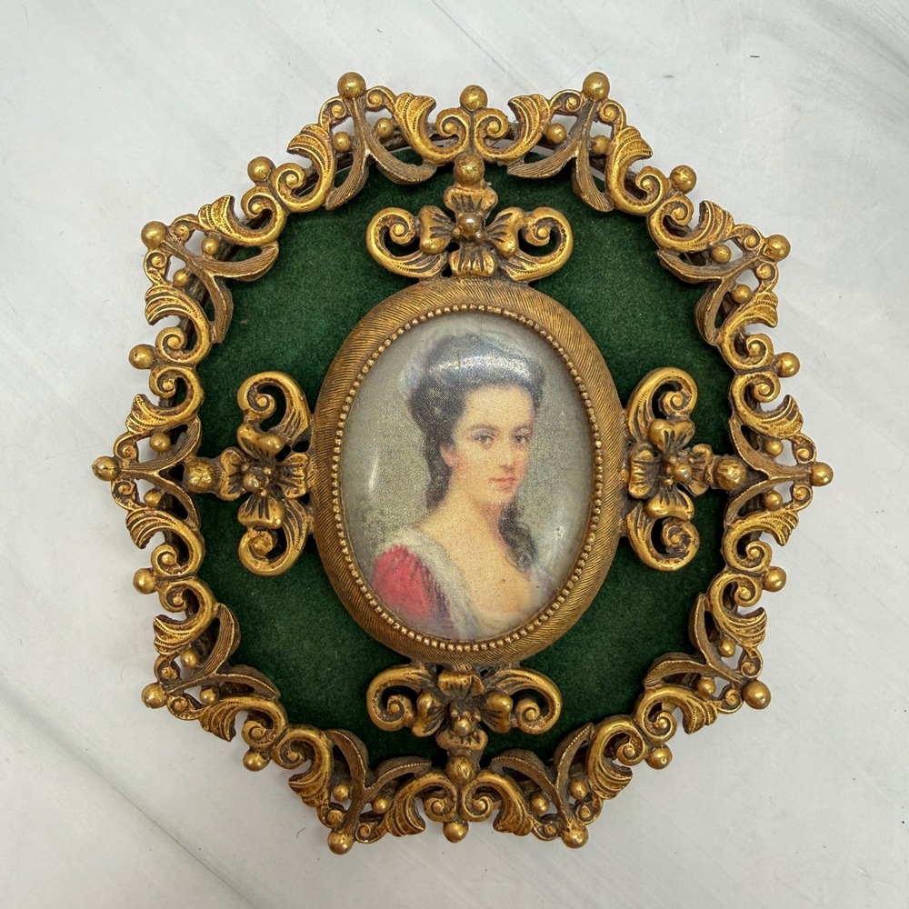 Vintage Florenza Miniature Portrait Ornate Gold Tone Filigree Green Velvet Frame